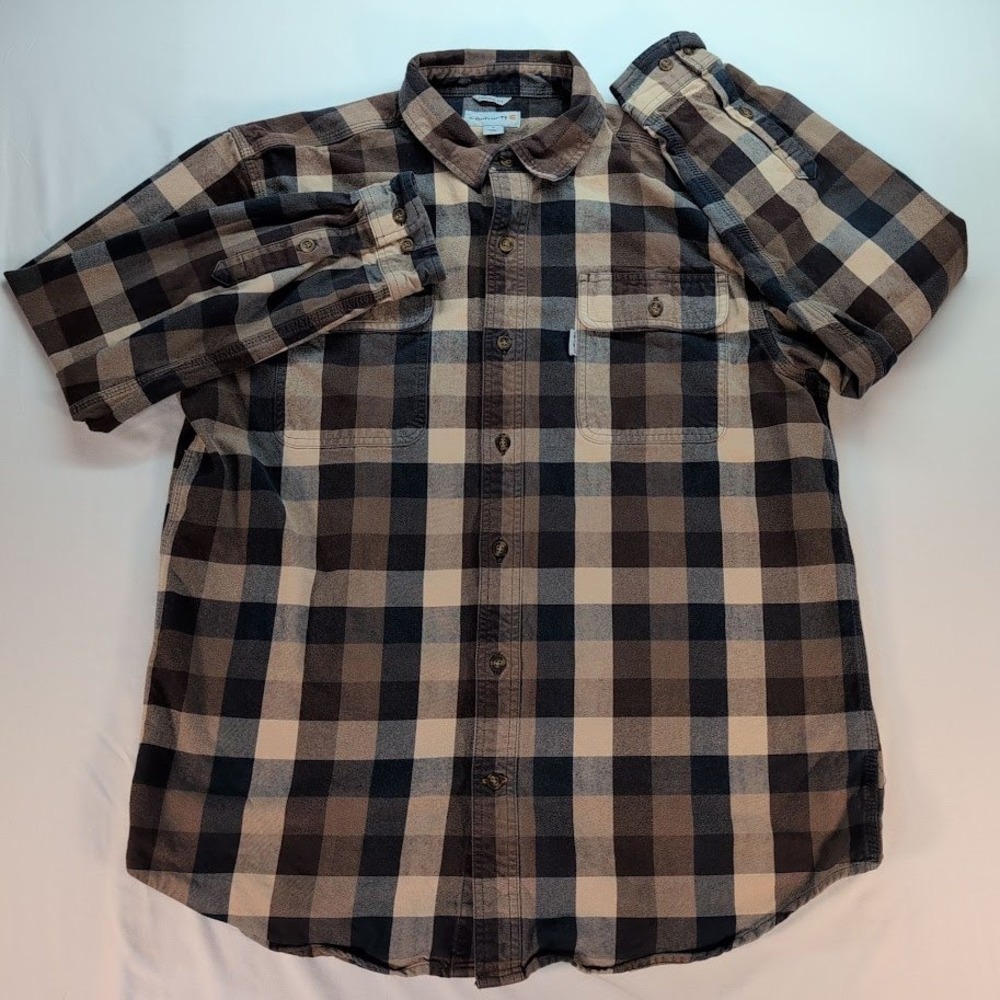 Carhartt Mens Large Original Fit Plaid Flannel Button Shirt Brown Black